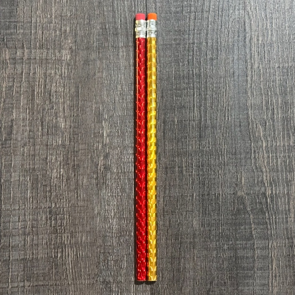 💞 New Set of 2 Red & Gold Holographic Wood Pencils With Erasers